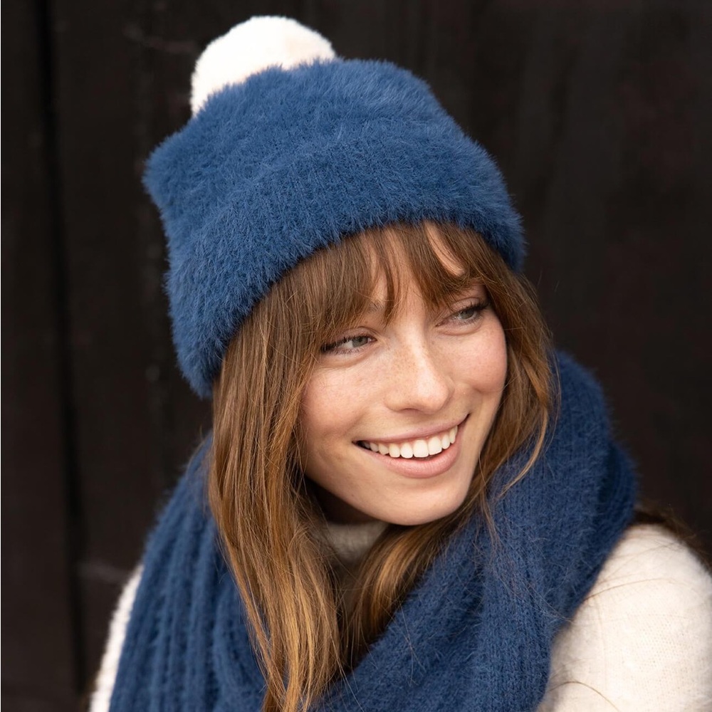 MerSea Chalet Pom Beanie Indigo Navy Blue with Cream Pom Pom